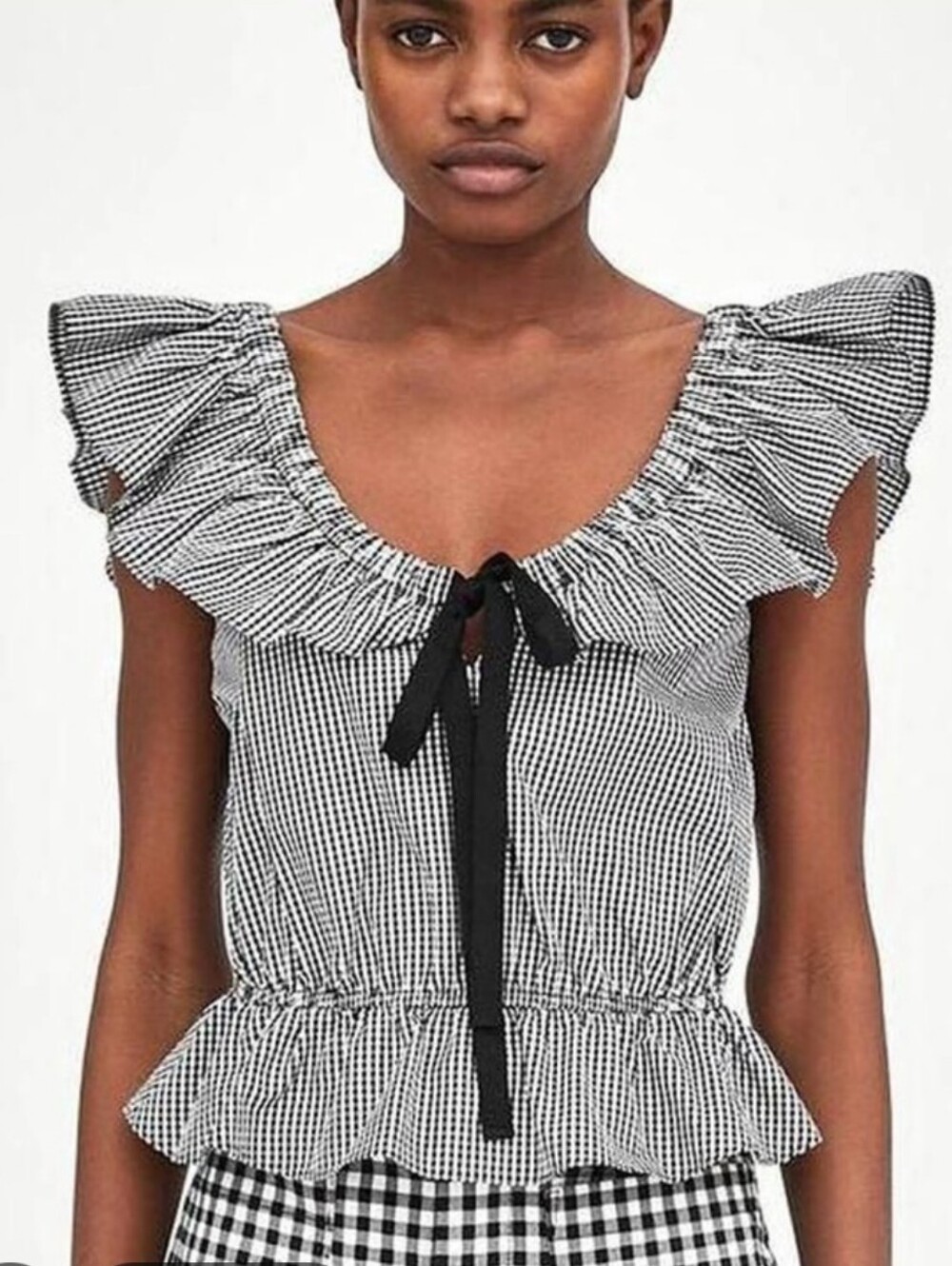 Zara Black White Gingham Off-The-Shoulder Ruffle Tie-Front Top Size Medium